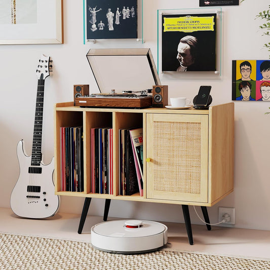 Mid Century Record Player Stand with Charging Station, Rattan Turntable Stand with Storage Cabinet & Adjustable Shelf, Boho Record Player Table, Vinyl Record Storage for Living Room, Bedroom
