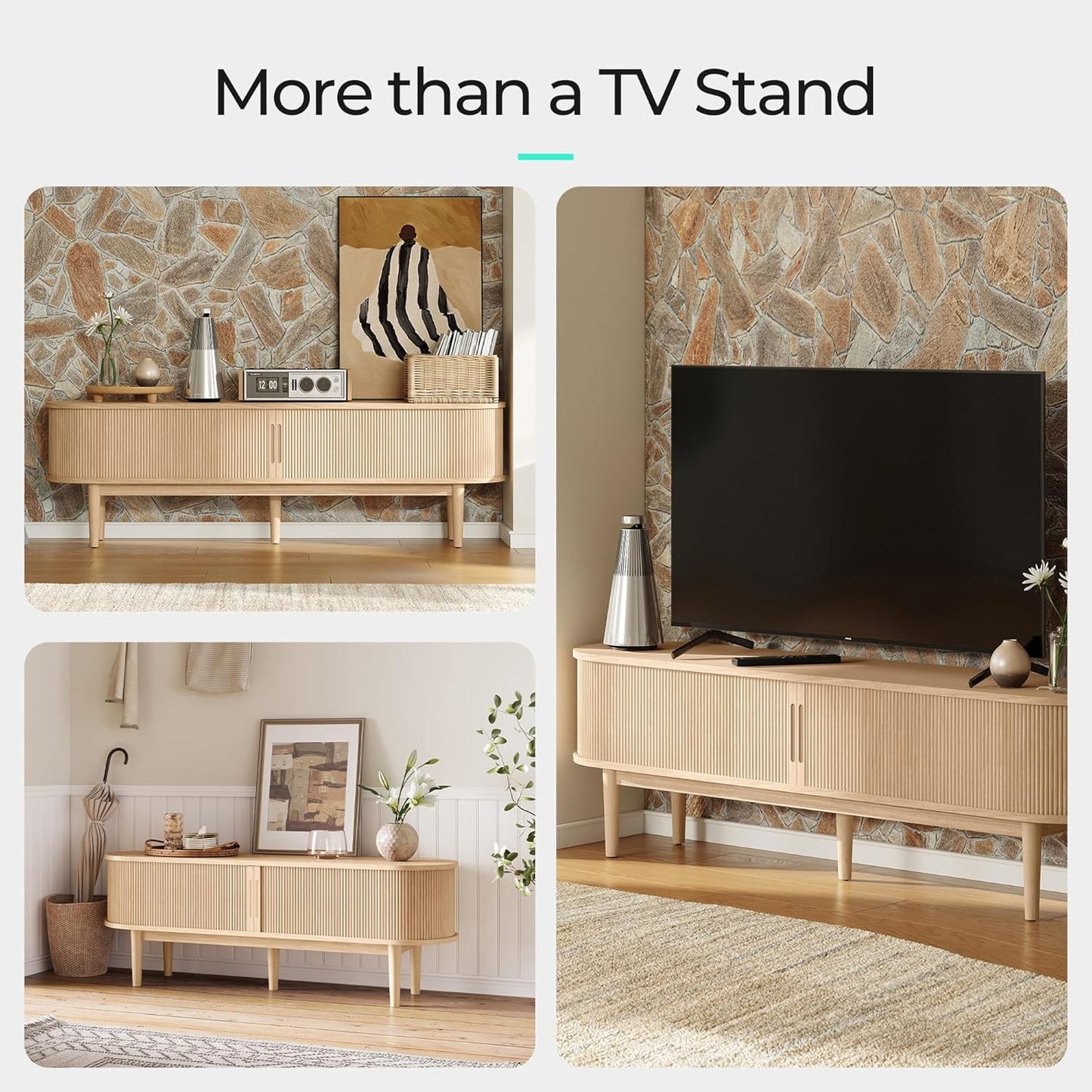 70" Fluted TV Stand for Tvs up to 80 Inch, Mid Century Modern Entertainment Center with Storage Cabinet and Sliding Doors, Farmhouse Wood Media TV Console for Living Room, Bedroom, Oak