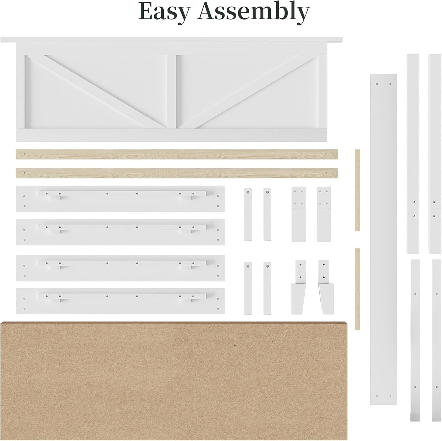 Wood Bed Queen, Farmhouse White Rubberwood Platform Bed Frame with V-Designed Headboard, Sturdy Wooden Support Slats, Holds up to 800 Pounds, Noise-Free, Easy Assembly