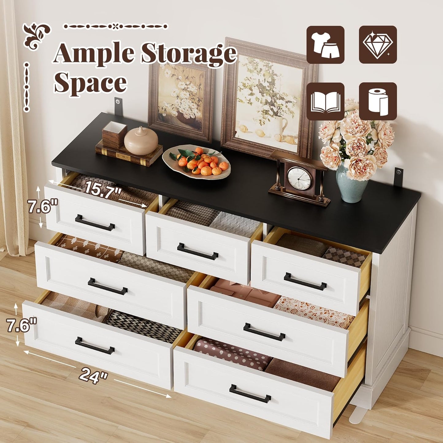 Farmhouse Dresser for Bedroom, 7 Drawers Dresser, Wood Chest of Drawers, 52" Wide Storage Dressers Organizer for Bedroom, Living Room, White and Black