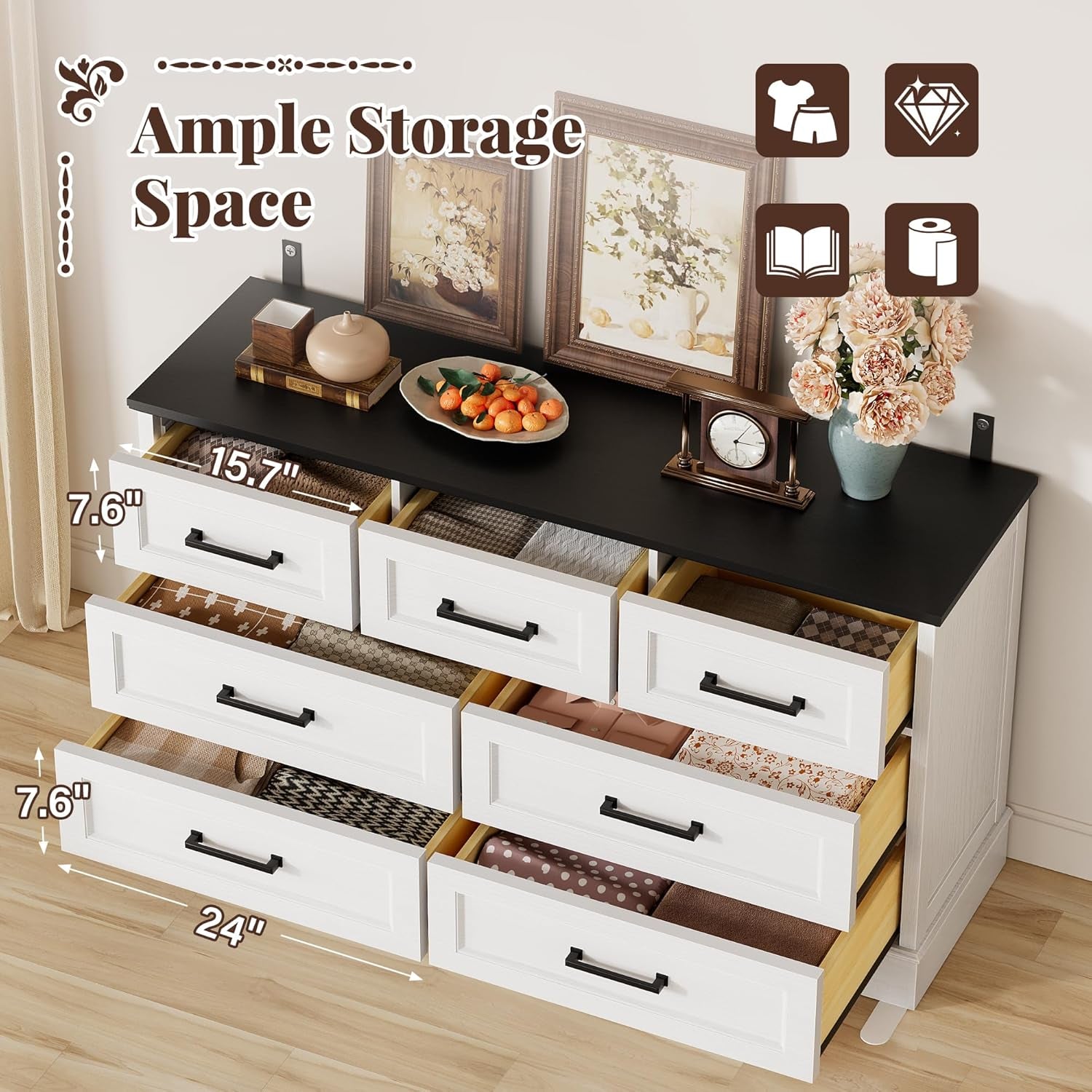 Farmhouse Dresser for Bedroom, 7 Drawers Dresser, Wood Chest of Drawers, 52" Wide Storage Dressers Organizer for Bedroom, Living Room, White and Black