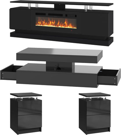 4-Piece Modern Living Room Table Set, Includes High Gloss 70" Fireplace TV Stand, LED Coffee Table and End Tables Set of 2 with Storage Drawers, Black