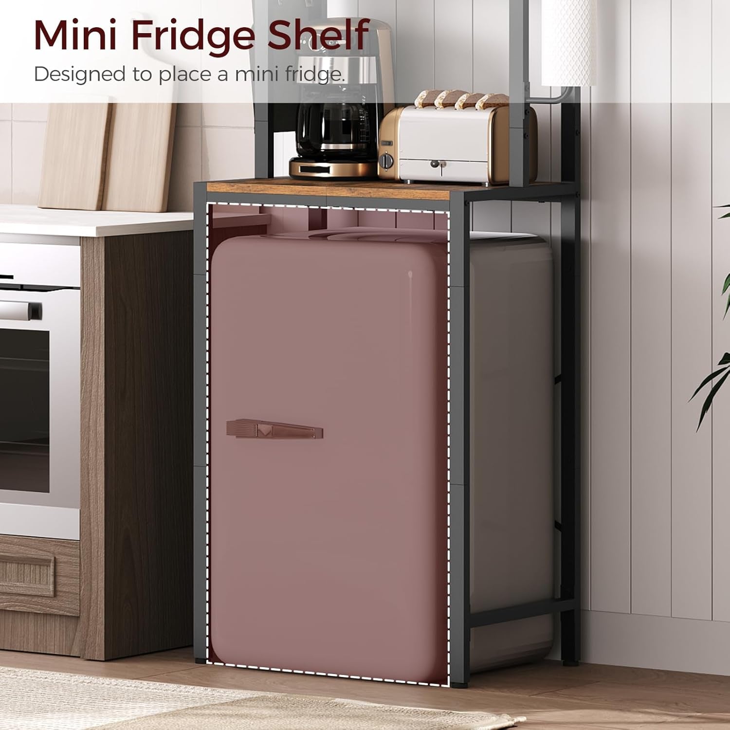 Bakers Rack with Mini Fridge Shelf, 3-Tier Microwave Stand, Coffee Bar Station with Paper Holder, Freestanding Kitchen Storage Rack, for Kitchen, Rustic Brown and Black BRHR5401