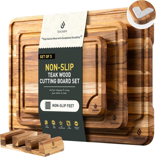 3 Pack Teak Wood Cutting Board Set for Kitchen Charcuterie Board Serving Heavy Duty Non Toxic Slip over Sink Solid Thick Haus Wooden Chopping Board Large Big Small Meat Best Kitchen Essential Gift