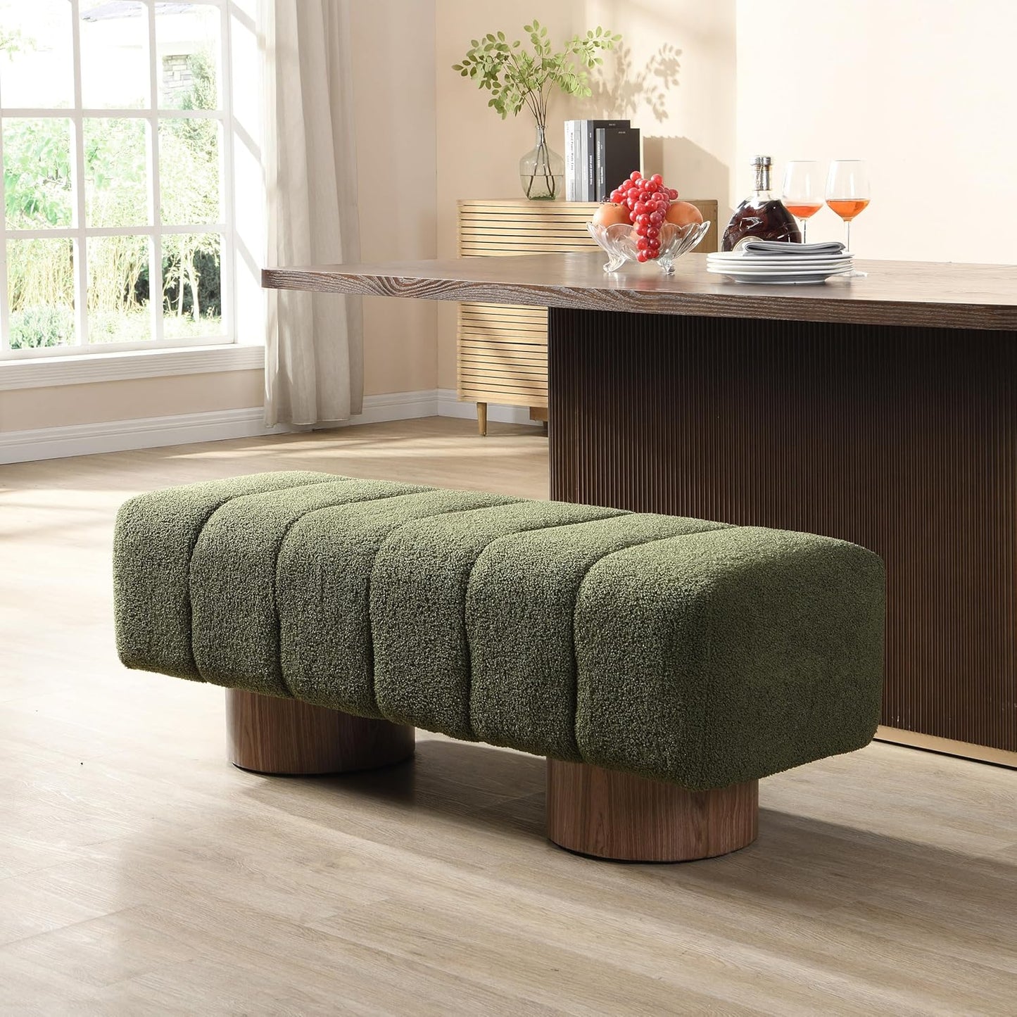 Manila 50" Boucle Fabric Dining Bench, Rectangular Upholstery Ottoman Bench, Bedroom End of Bed Footstool, Living Room Extra Seat Footrest, No Assembly Needed, Jungle Green