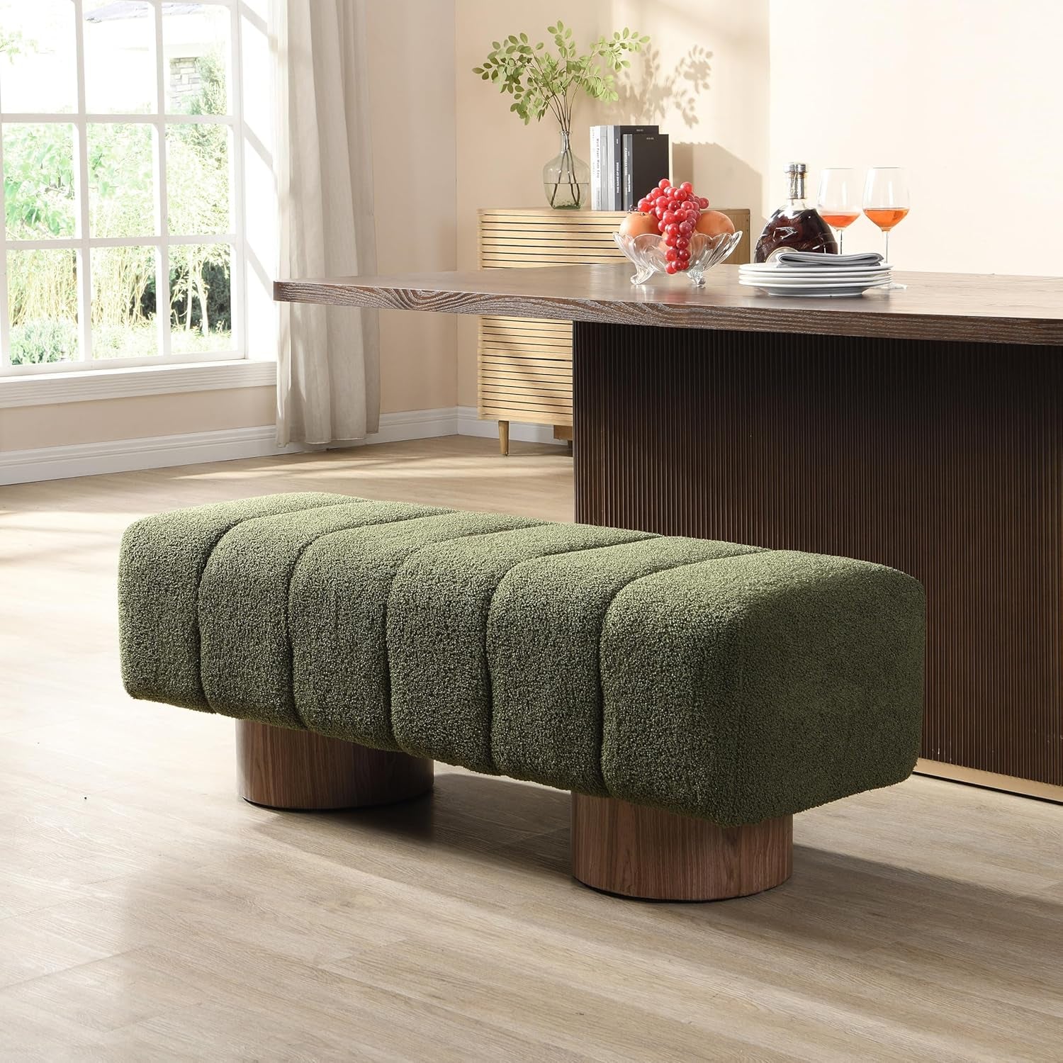 Manila 50" Boucle Fabric Dining Bench, Rectangular Upholstery Ottoman Bench, Bedroom End of Bed Footstool, Living Room Extra Seat Footrest, No Assembly Needed, Jungle Green