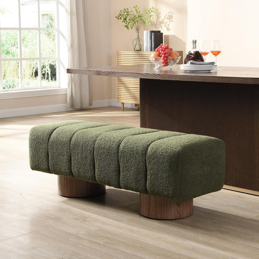 Manila 50" Boucle Fabric Dining Bench, Rectangular Upholstery Ottoman Bench, Bedroom End of Bed Footstool, Living Room Extra Seat Footrest, No Assembly Needed, Jungle Green