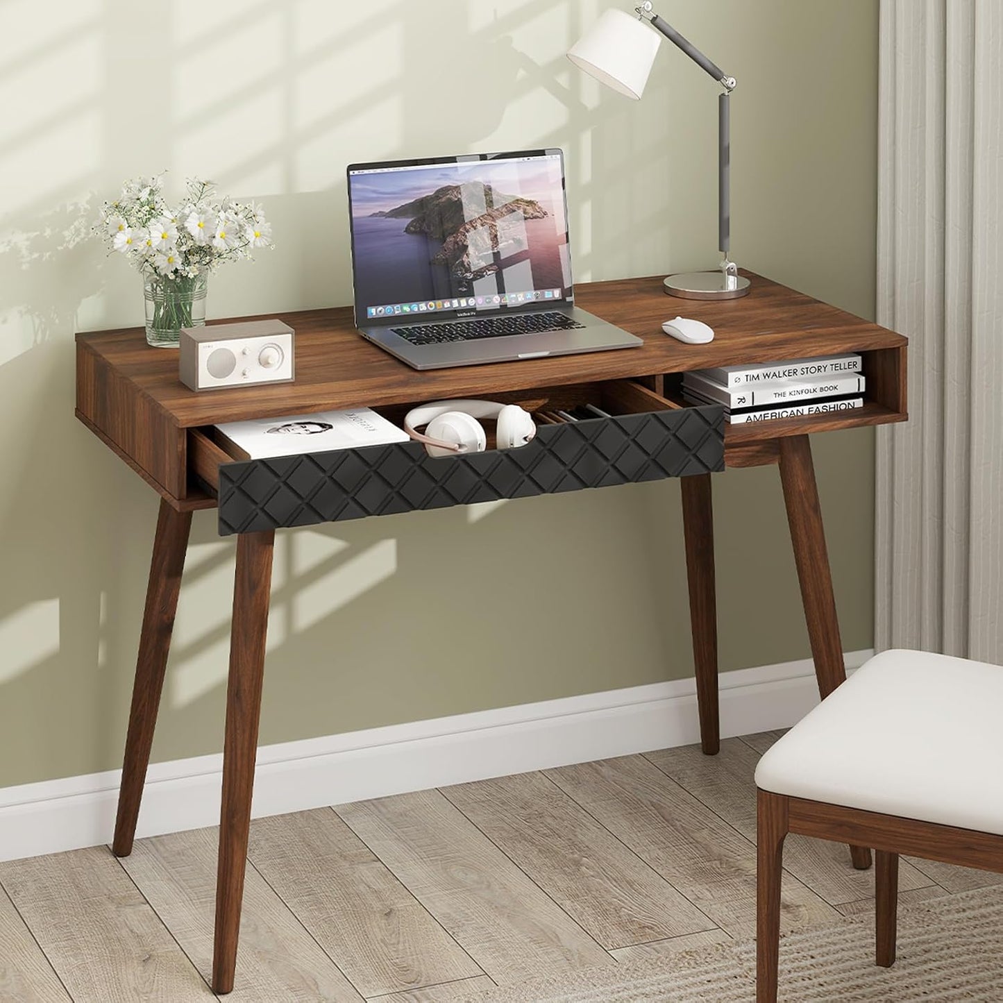 Mid-Century Modern Computer Desk, Home Office Desk W/Drawer & Open Compartment, Laptop PC Desk W/Rubber Wood Legs, Makeup Vanity Table, Vintage Writing Desk Workstation for Study, Bedroom