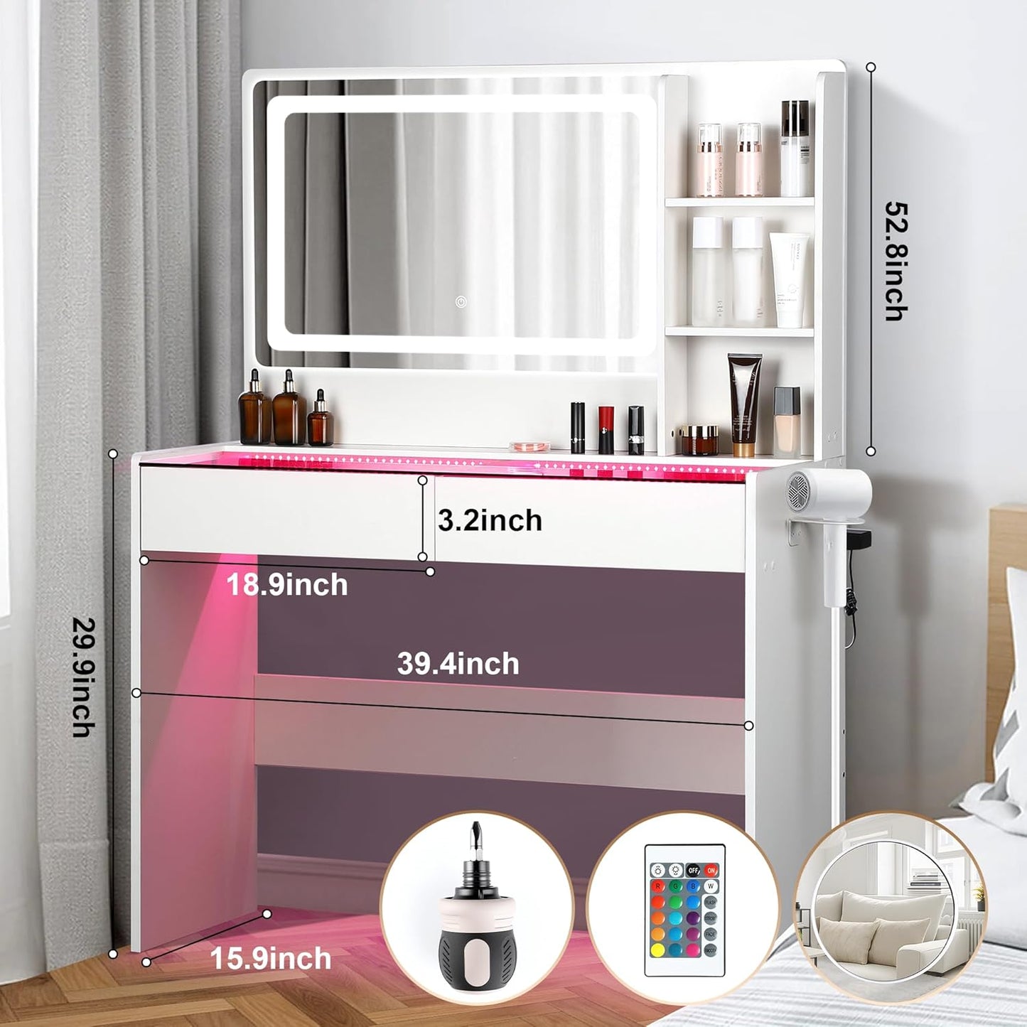 Vanity Desk，Transparent Desktop, Multiple Color Ambient Lights, with Mirror and Tri Color Light Strip, Dressing Table with Charging Station, Equipped with 2 Drawers, White