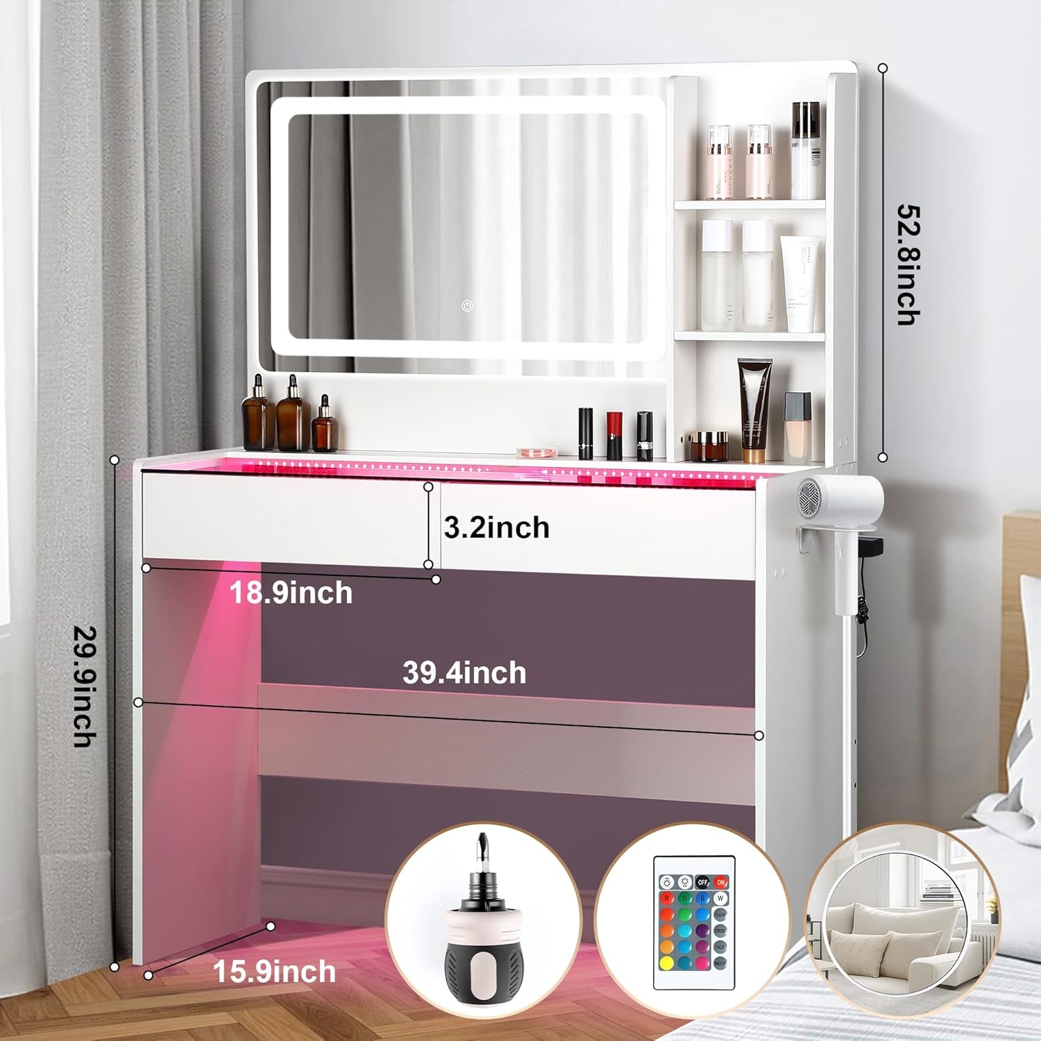 Vanity Desk，Transparent Desktop, Multiple Color Ambient Lights, with Mirror and Tri Color Light Strip, Dressing Table with Charging Station, Equipped with 2 Drawers, White