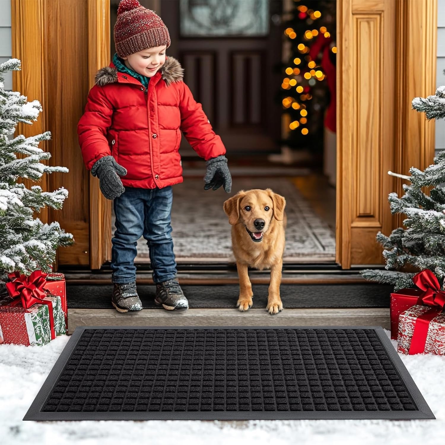 Front Door Mat outside Entrance, Heavy Duty Natural Rubber Doormat, Non Slip, Trap Dirt and Moisture, Easy Clean, Low Profile Welcome Floor Mats for Indoor Outdoor Entry, 29.5X17 Inch, Black