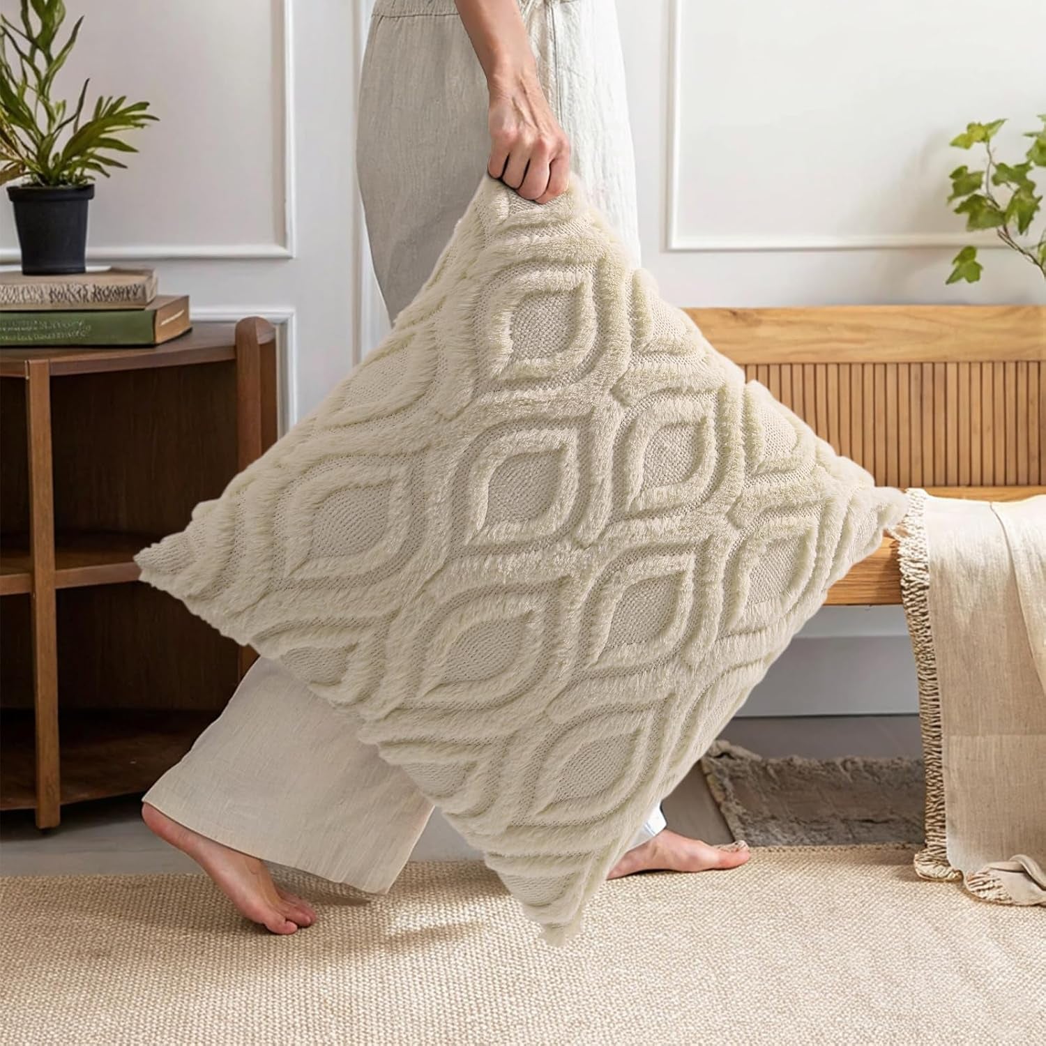 Fall Throw Pillow Covers 18X18 Inch Set of 2, Soft Plush Decorative Faux Fur Beige Solid Couch Pillow Covers, Accent Farmhouse Neutral Square Euro Pillow Cases for Sofa Bed Living Room