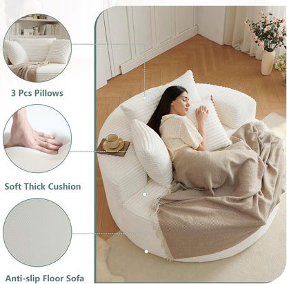 55'' Oversized round Cloud Chair,Fluffy Corduroy Lounge Chaise Indoor and Sleeper Sofa Bed with Deep Seat,Upholstered for Comfort in Reading,Living Room & Bedroom,No Assembly Required,White