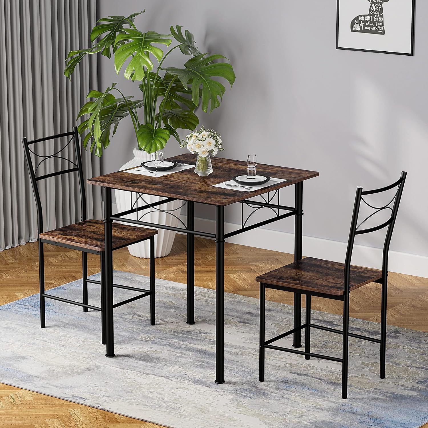 3-Piece Kitchen Dining Room Table Set for Small Spaces，Iron Wood Square Table with 2 Chairs for Kitchen Dining Room Furniture