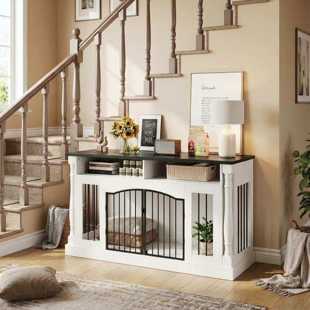 63" Large Dog Crate Furniture for Small & Medium Dogs, Roman Column Kennel Furniture with Semi-Open Storage, TV Stand Dog Cage Table, Heavy Duty Indoor Dog Kennel, White+Black Top