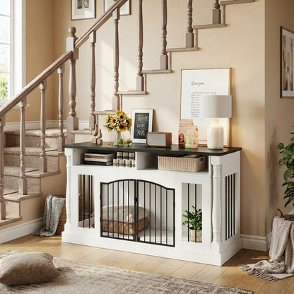 63" Large Dog Crate Furniture for Small & Medium Dogs, Roman Column Kennel Furniture with Semi-Open Storage, TV Stand Dog Cage Table, Heavy Duty Indoor Dog Kennel, White+Black Top