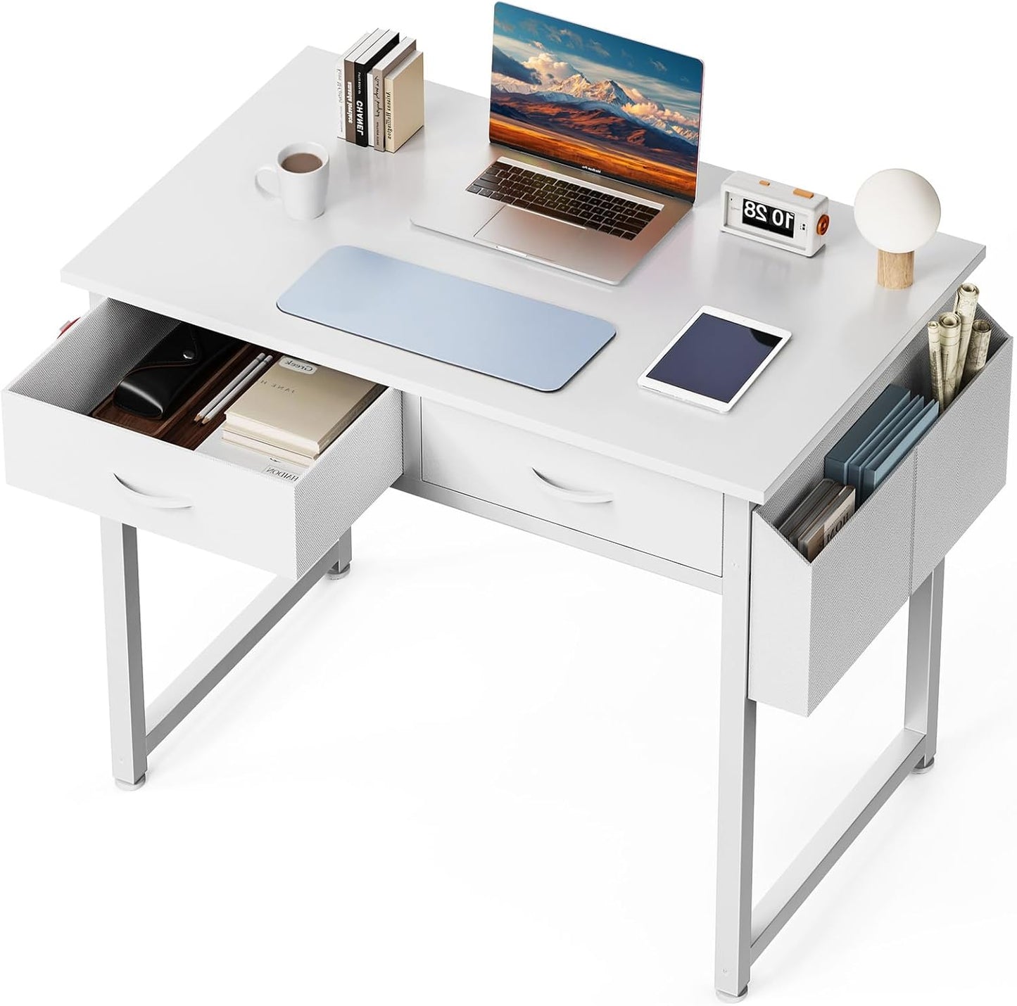 32" Home Office Computer Desk with Drawers, Small Gaming Writing Study Table with Storage Side Bag, Headphone Hook and Adjustable Feet for Bedroom White
