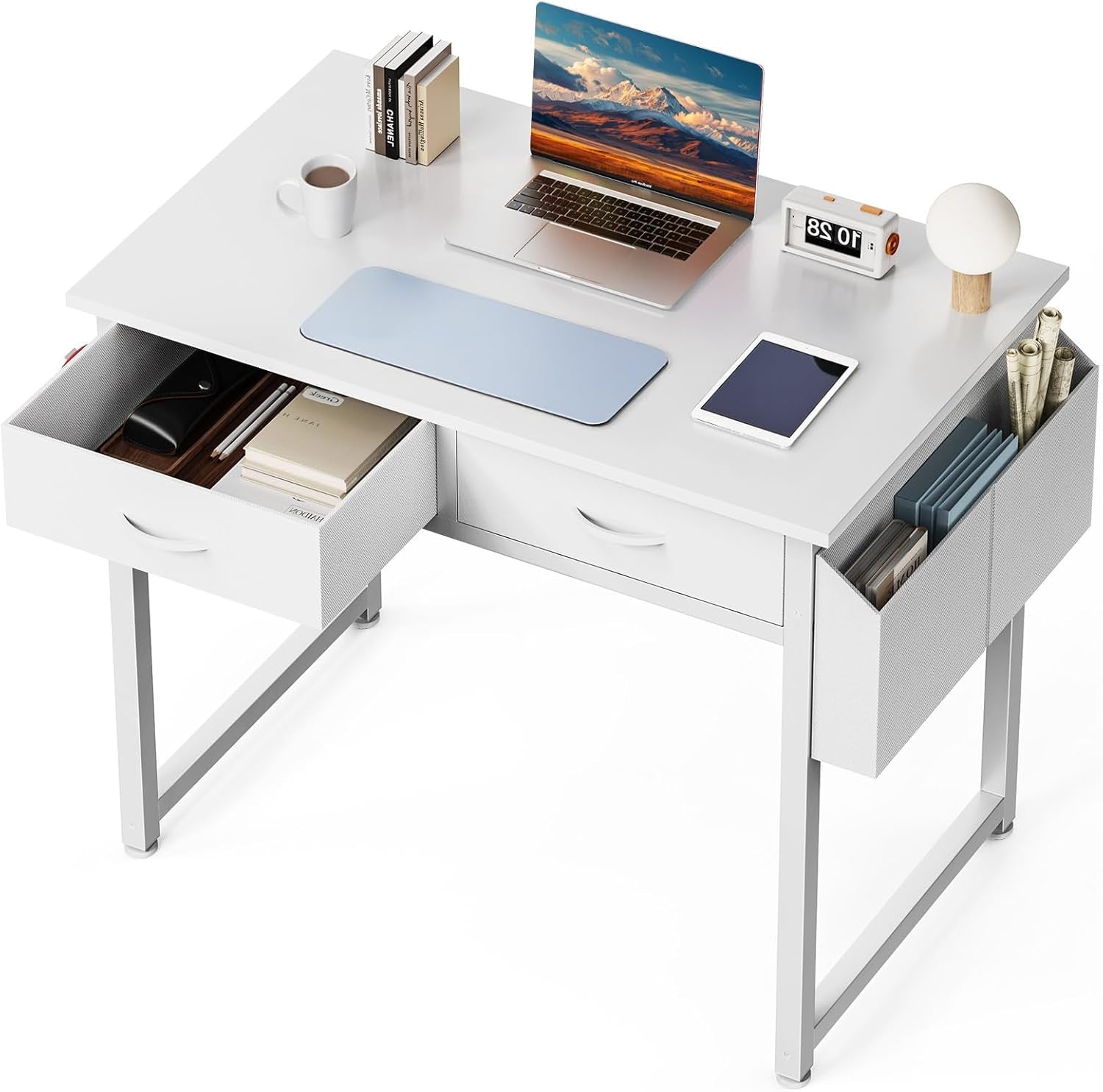 32" Home Office Computer Desk with Drawers, Small Gaming Writing Study Table with Storage Side Bag, Headphone Hook and Adjustable Feet for Bedroom White