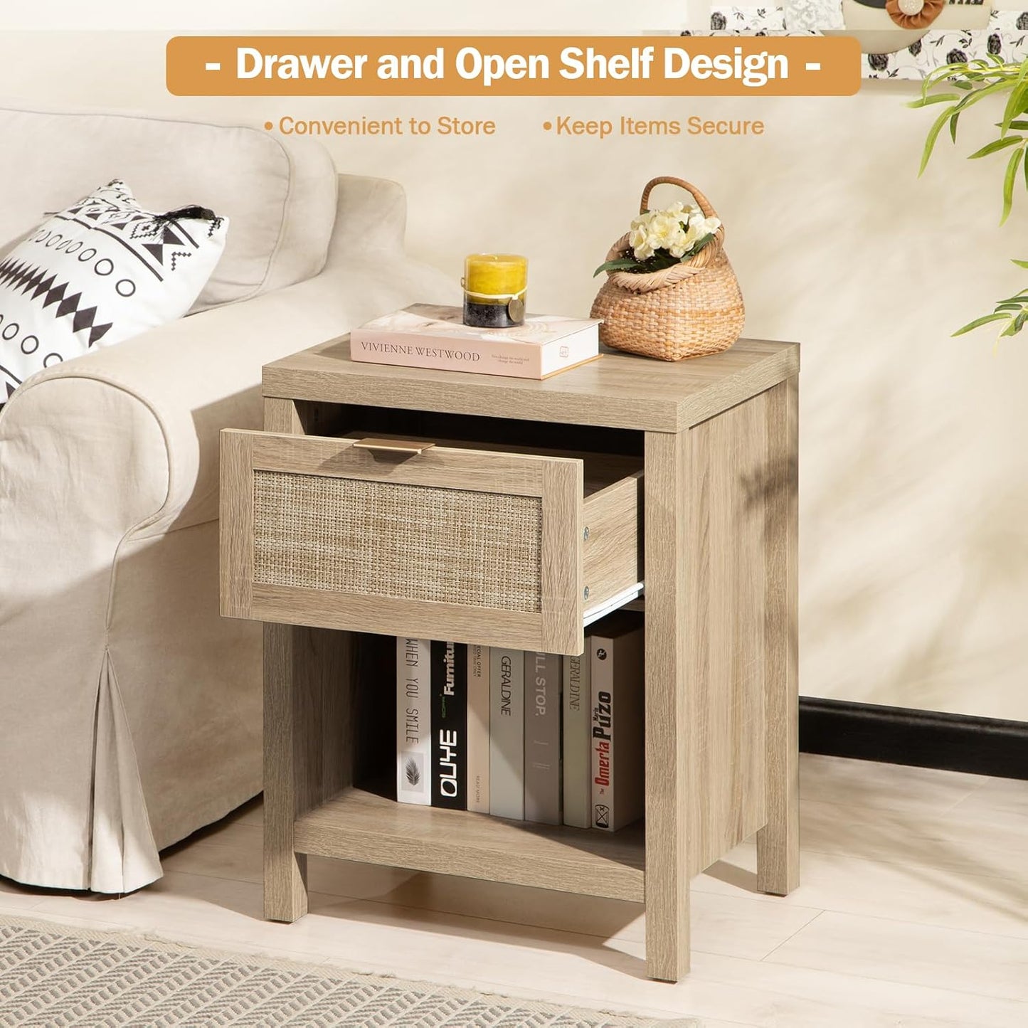 Rattan Nightstands Set of 2, Farmhouse Night Stand Bedside Table with Drawer and Storage Shelf - Boho End Side Table for Bedroom, Light Oak