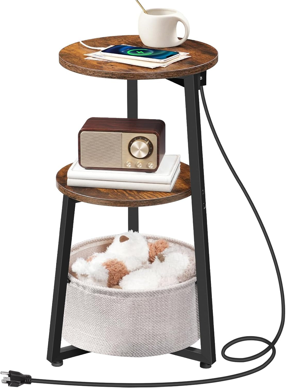 Small round Side Table with Charging Station, round End Accent Table with Storage Basket, Compact Sofa Bedside Table for Small Space in Living Room, Bedroom, Rustic Brown BF169UBZ01