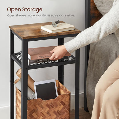 3-Tier Tall Side Table, Small Telephone End Table Stand with 2 Mesh Storage Shelves for Office, Bedroom, Living Room, Kitchen Cart, Rustic Brown and Black