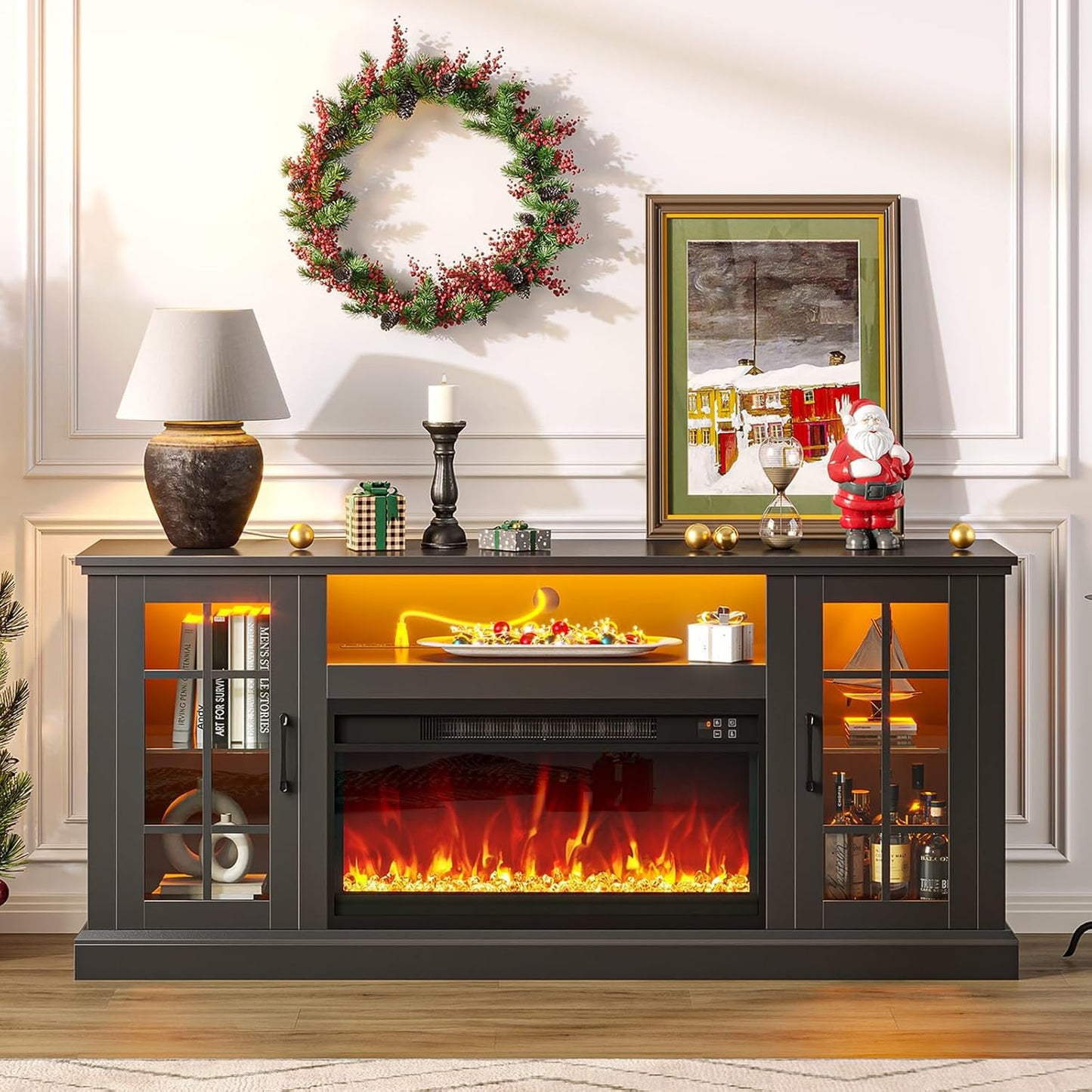 Fireplace TV Stand with Led and Power Outlets, Black Entertainment Center with 26" Electric Fireplace for 45/50/55/60/65 Inch Tvs, Modern TV Console with Storage Cabinet for Living Room