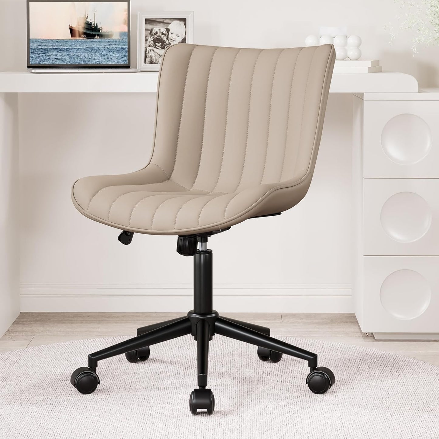 Khaki Leather Home Office Desk Chair with Wheels Modern Cute Armless Executive Swivel Vanity Chair with Comfy Padded Back Ergonomic Rolling Adjustable Computer Task Chair Small