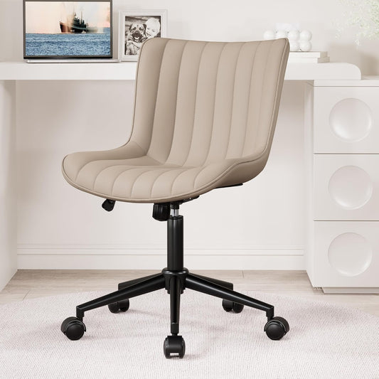 Khaki Leather Home Office Desk Chair with Wheels Modern Cute Armless Executive Swivel Vanity Chair with Comfy Padded Back Ergonomic Rolling Adjustable Computer Task Chair Small