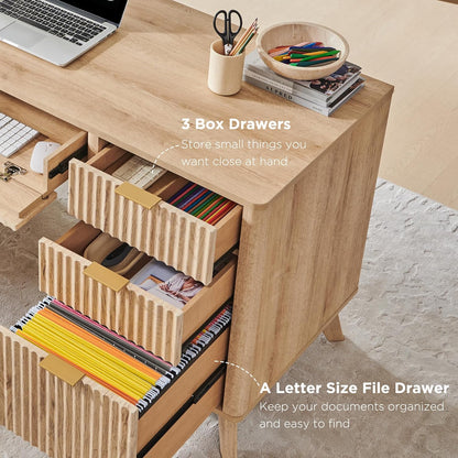 Fluted Executive Desk with Drawers, 60" Modern Home Office Computer Desk with Charging Station, File Cabinet, Keyboard Tray and Storage Cabinet for Study, Living Room, Bedroom, Natural Oak