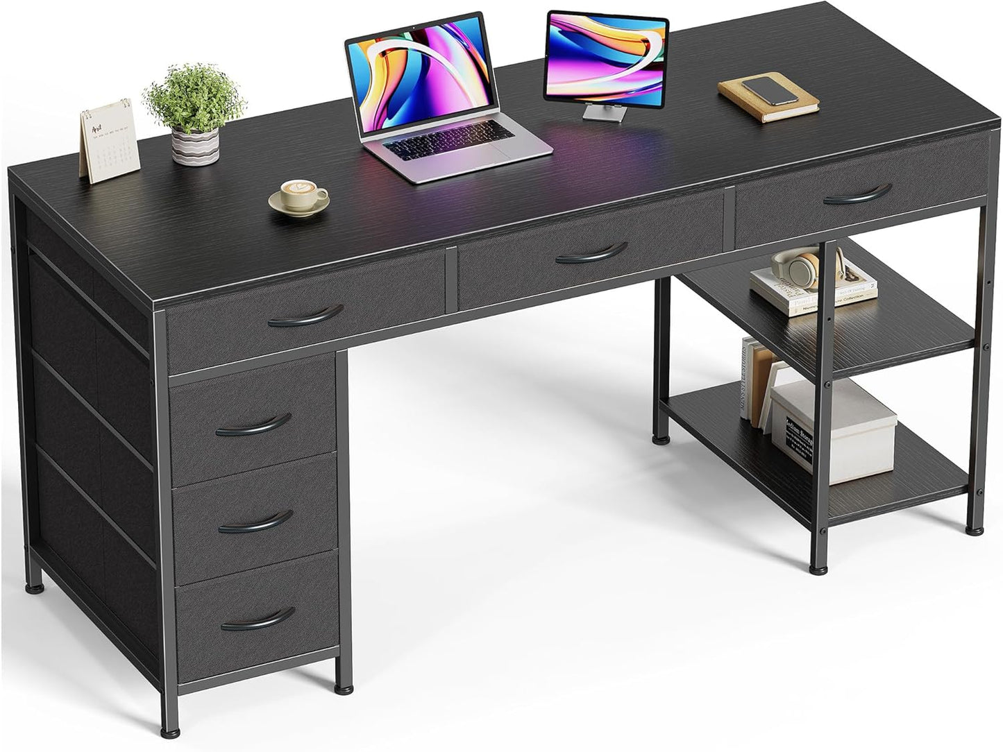 Computer Desk with 6 Drawers, 54 Inch Office Desk with Shelves, Reversible Gaming Desk, Corner Desk with Storage, Work for Home Office, Study, Living Room, Black