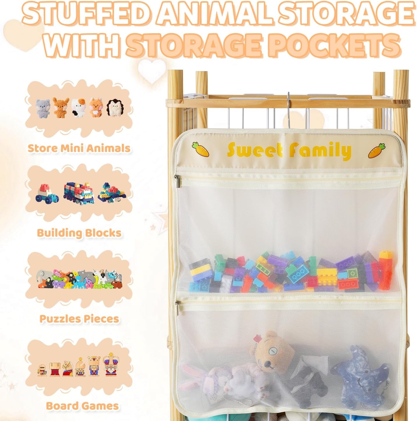 Stuffed Animal Storage Organizer, Large Wooden Zoo Toy Holder with Pockets, Plushie, Stuffy,Toy Storage for Kids Room, Playroom, Bedroom(Natural Large)