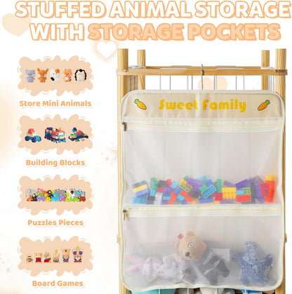Stuffed Animal Storage Organizer, Large Wooden Zoo Toy Holder with Pockets, Plushie, Stuffy,Toy Storage for Kids Room, Playroom, Bedroom(Natural Large)