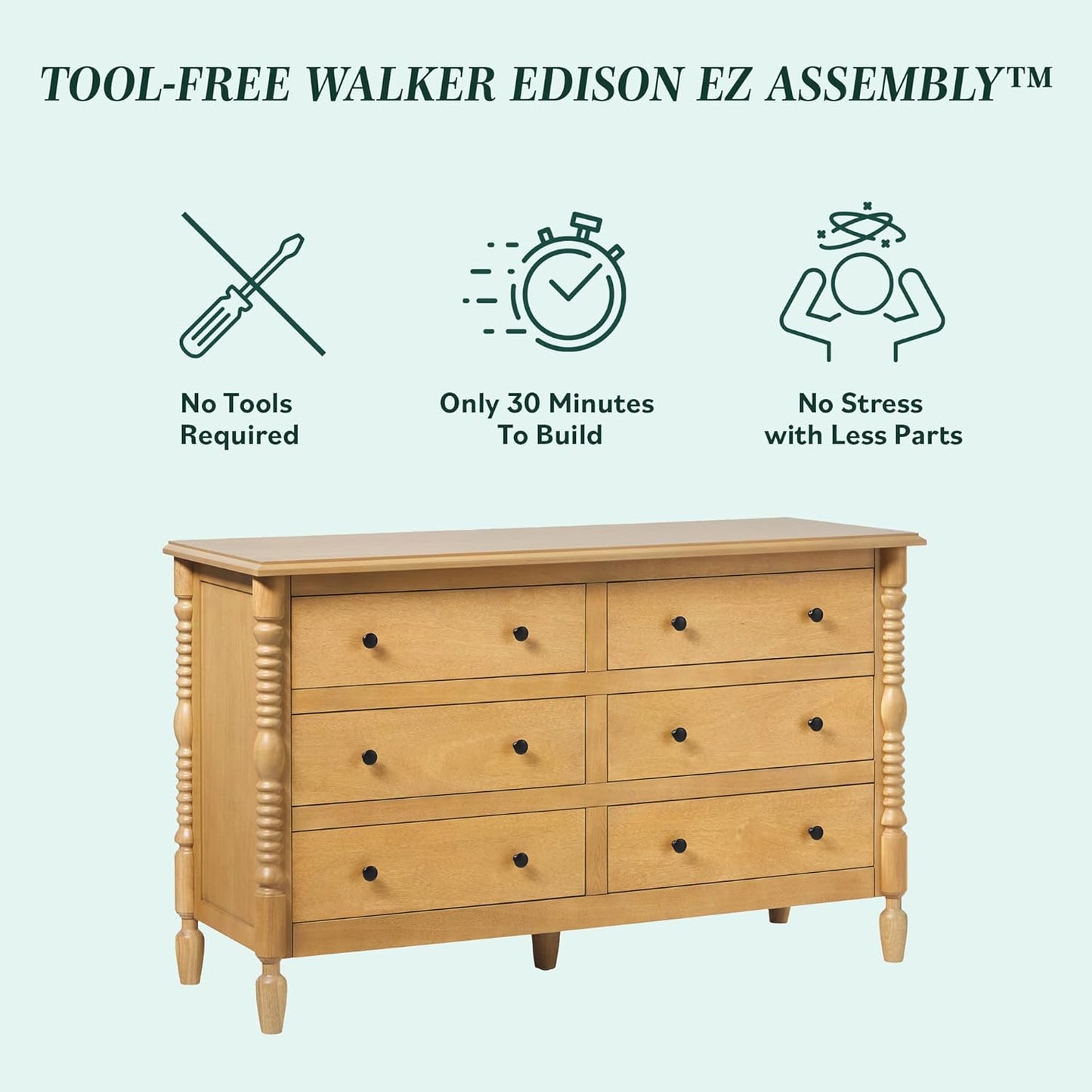 EZ Assembly™ Premium Traditional Solid Wood 6-Drawer Dresser, Vintage Chest of Drawers, Spindle Dresser, Quick Assembly Furniture, 54 Inch, Natural