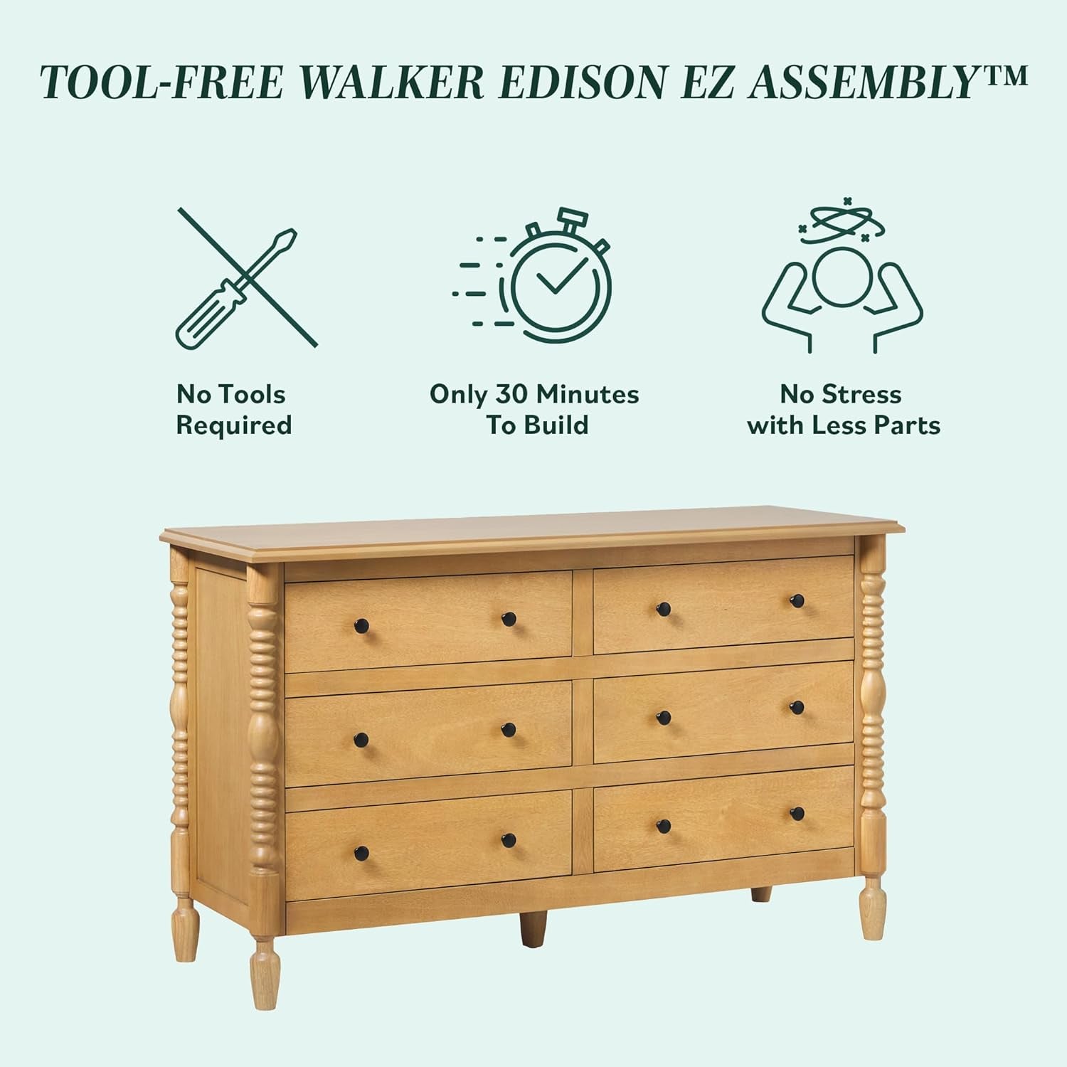 EZ Assembly™ Premium Traditional Solid Wood 6-Drawer Dresser, Vintage Chest of Drawers, Spindle Dresser, Quick Assembly Furniture, 54 Inch, Natural