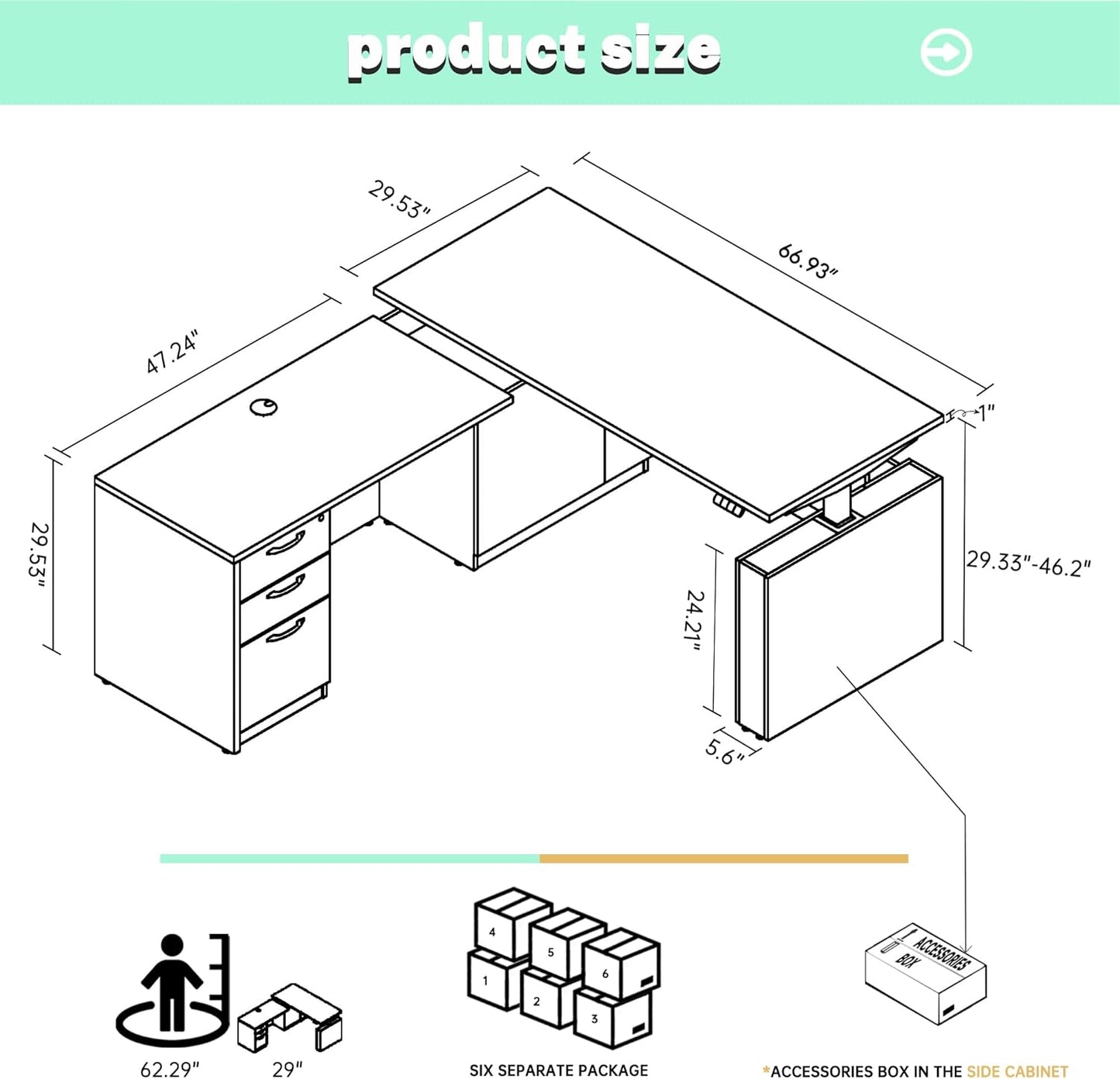 66.93'' L Shaped Executive Standing Desk with Pre-Assembled Frame & Lockable Cabinets, Height Adjustable Desk Dual-Motor Sit-Stand Workstation for Corporate & Home Office (Grey)