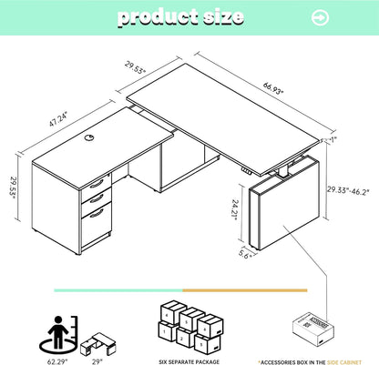 66.93'' L Shaped Executive Standing Desk with Pre-Assembled Frame & Lockable Cabinets, Height Adjustable Desk Dual-Motor Sit-Stand Workstation for Corporate & Home Office (Grey)