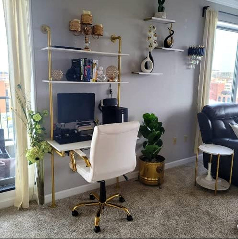 White and Gold Desk, 36" Ladder Desk, Wall Mount Computer Writing Table Pipe Shelf Shelving Mini Narrow Industrial Modern for Small Spaces(36X20X81)
