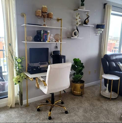 White and Gold Desk, 36" Ladder Desk, Wall Mount Computer Writing Table Pipe Shelf Shelving Mini Narrow Industrial Modern for Small Spaces(36X20X81)