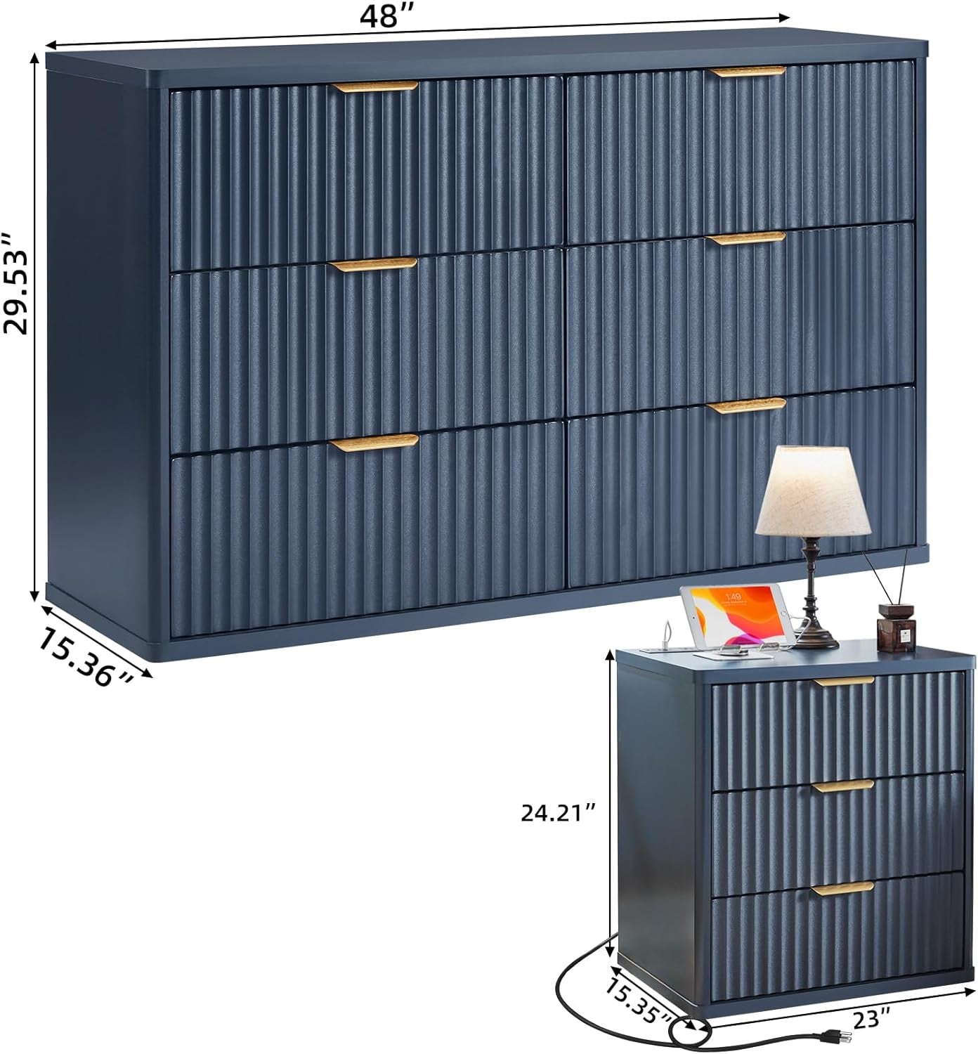 Fluted Dresser and Nightstand Sets, Wood 48" Wide Dresser & 23" Night Stand with Charging Station, 2 Piece Bedroom Furniture Set, Chest of Drawers for Bedroom, Home, Living Room,Nave Blue