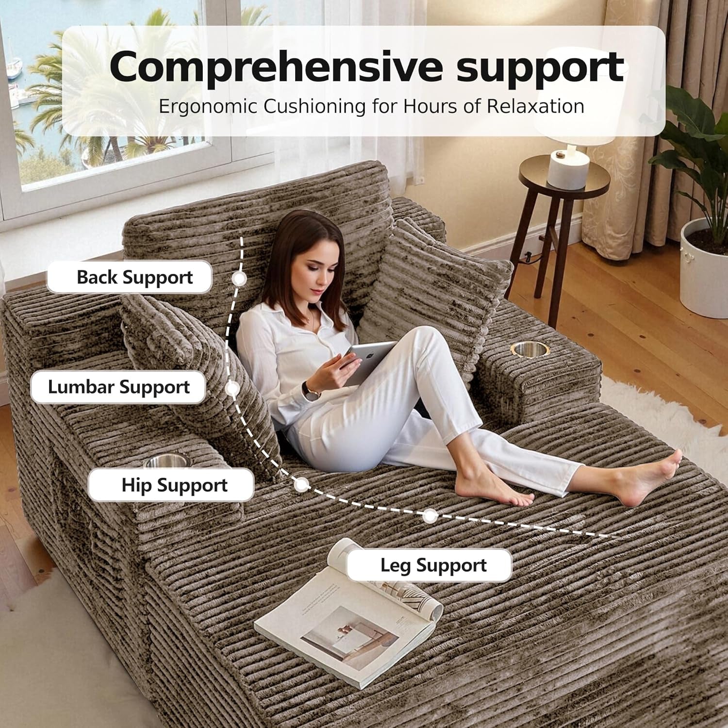 67 Chaise Lounge Chair Indoor,Oversized Boneless Single Sleeeper Couch Bed,Corduroy Cloud Sofa with 3 Soft Pillows for Livingroom,Bedroom,No Assembly,(Khaki)