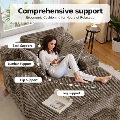 67 Chaise Lounge Chair Indoor,Oversized Boneless Single Sleeeper Couch Bed,Corduroy Cloud Sofa with 3 Soft Pillows for Livingroom,Bedroom,No Assembly,(Khaki)