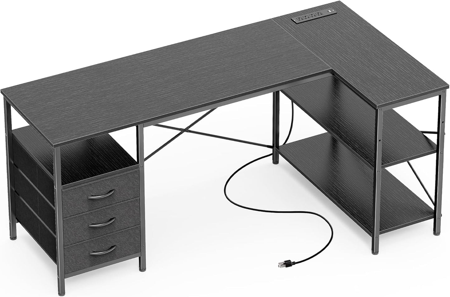 L Shaped Office Desk with Power Outlets, 55 Inch Computer Desk with 3 Drawers, Shelves, Reverisble for Gaming Corner Work Home Office Study, Black