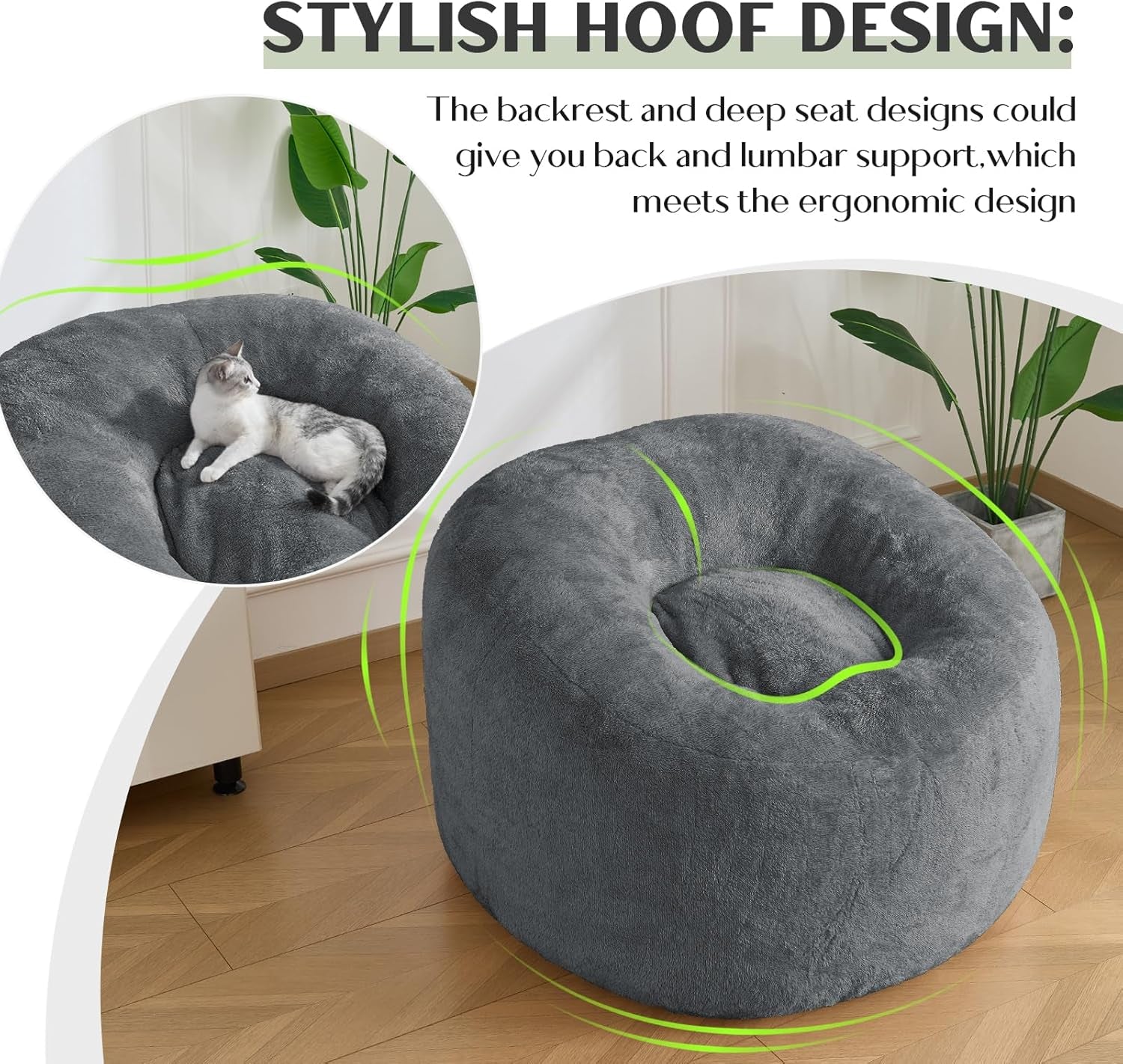 Large Bean Bag Chair,Sherpa Fabric Bean Bag Couch with Backrest,Comfy Bean Bag Sofa for Adults/Teens,Extra Soft Memory Foam Floor Sofa,Dark Grey