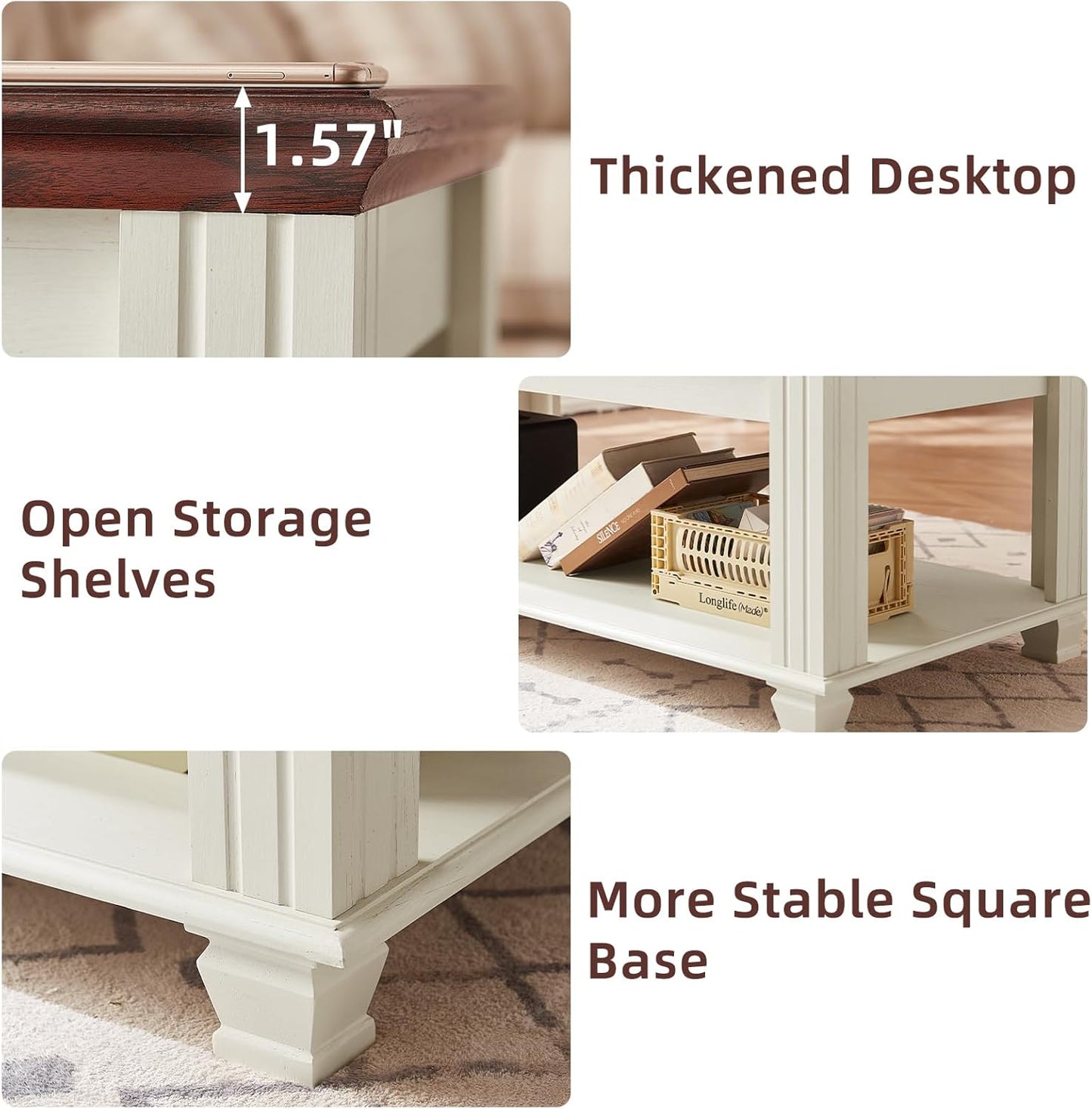 Farmhouse Coffee Table Set of 3, Rustic Wood 3 Piece Coffee and End Table Sets with Open Shelf for Living Room, White