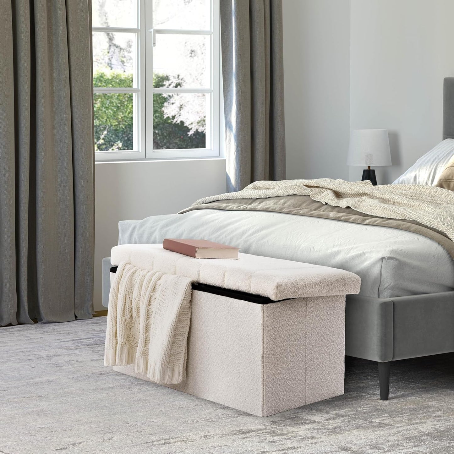 Cushioned Fabric Ottoman Hidden Storage Chest Footrest Chair, Padded Seat for Bedroom, Dorm, Loft, Living Room, Entryway, Hallway, White Boucle, 30" Bench