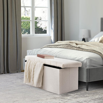 Cushioned Fabric Ottoman Hidden Storage Chest Footrest Chair, Padded Seat for Bedroom, Dorm, Loft, Living Room, Entryway, Hallway, White Boucle, 30" Bench