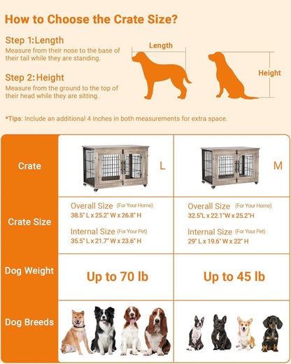 Dog Crate Furniture with Cushion, Large Wooden Dog Kennel Indoor with Double Doors, Dog Cage with Wheels, Dog House Side End Table for Large Medium Dogs up to 70 Lb, 38.5” L, Grey