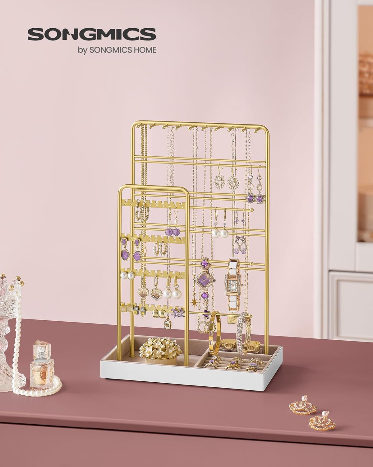 2-Layer Jewelry Box Bundle with Jewelry Holder, Jewelry Organizer with Handle, Floating Effect, Jewelry Display Stand with Metal Frame, White and Pale Gold UJBC165W01 and UJJS028A01