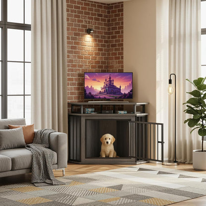 43.3" Corner Dog Crate with 2-Tier Shelves, Wooden Dog Kennel Furniture for TV Stand, Dog Cage Indoor for Small and Medium Dogs, Gray (23.6" L X 43.3" W X 32" H)