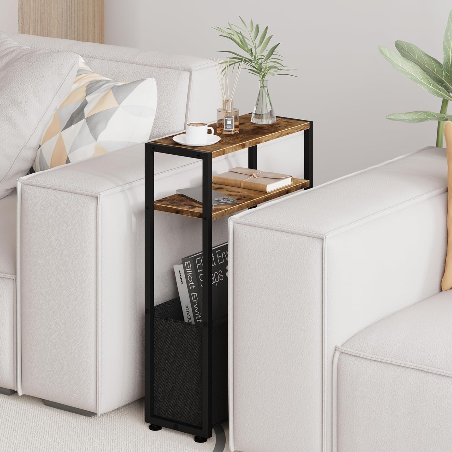 Narrow Side Table, Slim End Tables with Fabric Basket, Skinny Table for Small Spaces, Thin Bedside Table for Living Room, Bedroom